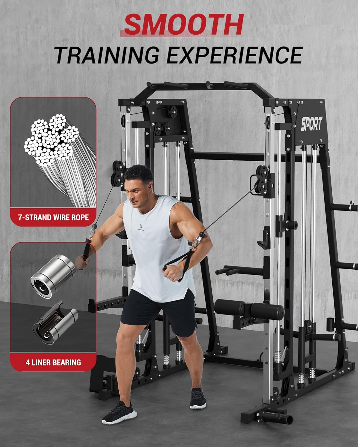 Smith Machine Home Gym, 2200 LBS All in One Squat Rack Power Cage with Smith Bar, Cable Crossover System & LAT-Pull Down System, Training Equipment