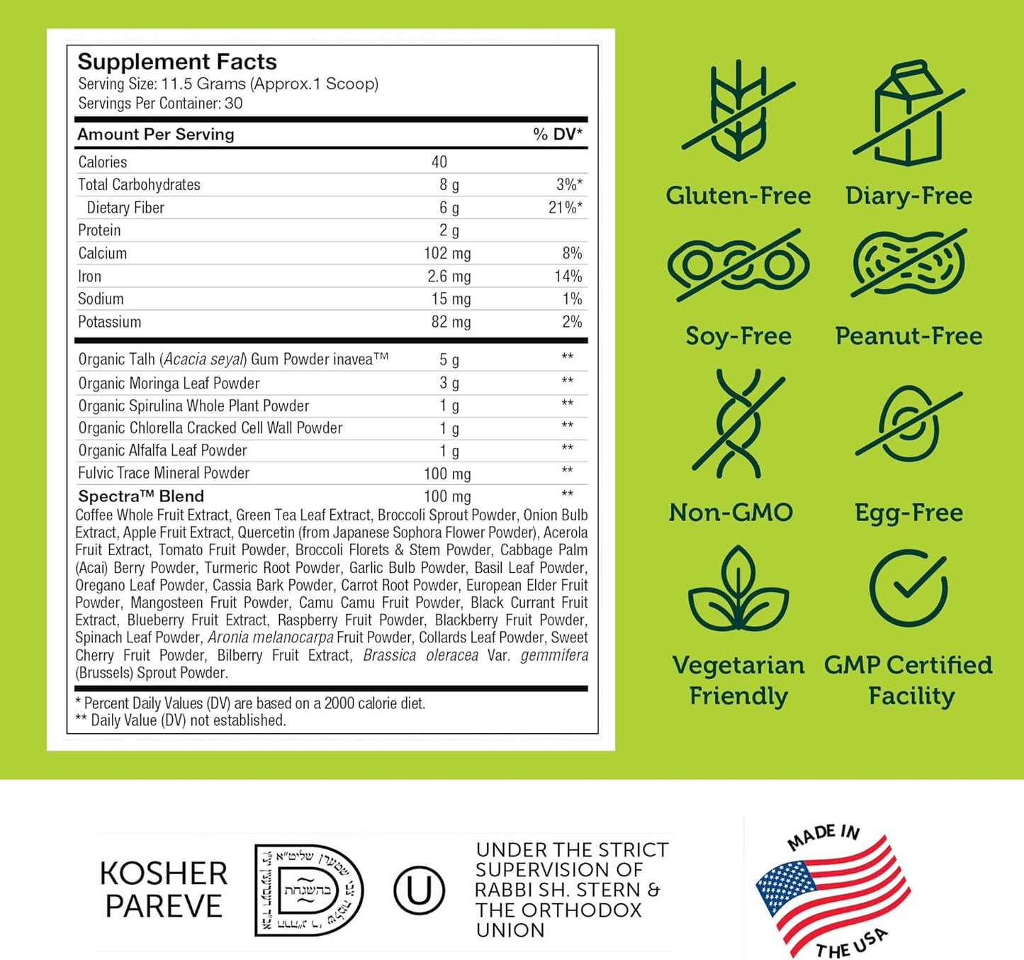 Zahler Core Greens Powder Nutrition Supplements - Superfood Powder - Super Green Juice & Smoothie Mix - Phytonutrient Rich with Spirulina, Chlorophyll & More - Kosher Superfood