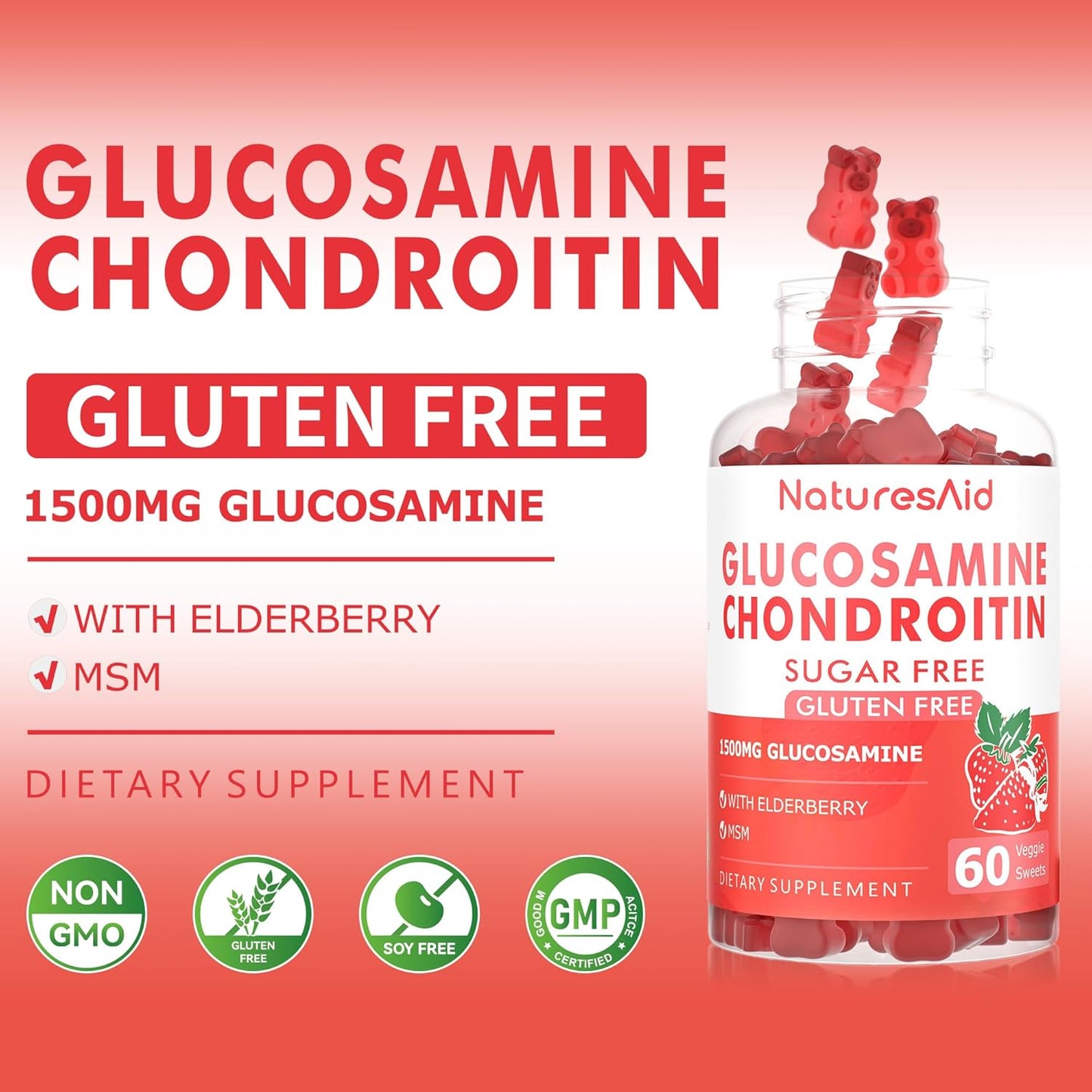 Glucosamine Chondroitin Gummies with MSM & Elderberry Extra Strength - Joint Support, Antioxidant Immune Support Supplement for Adults, Men & Women.(2 Pack) Strawberry
