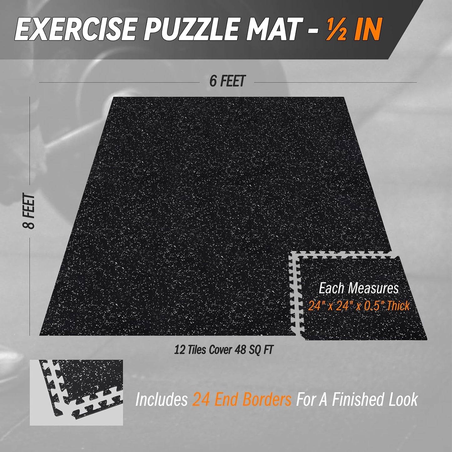 0.5" Thick Gym Flooring for Home Gym, RAINHOL 48 Sq Ft 12 Tiles EVA Foam with Rubber Top Exercise Equipment Mat, Interlocking Puzzle Workout Floor Mats for Garage, 24x24 inch