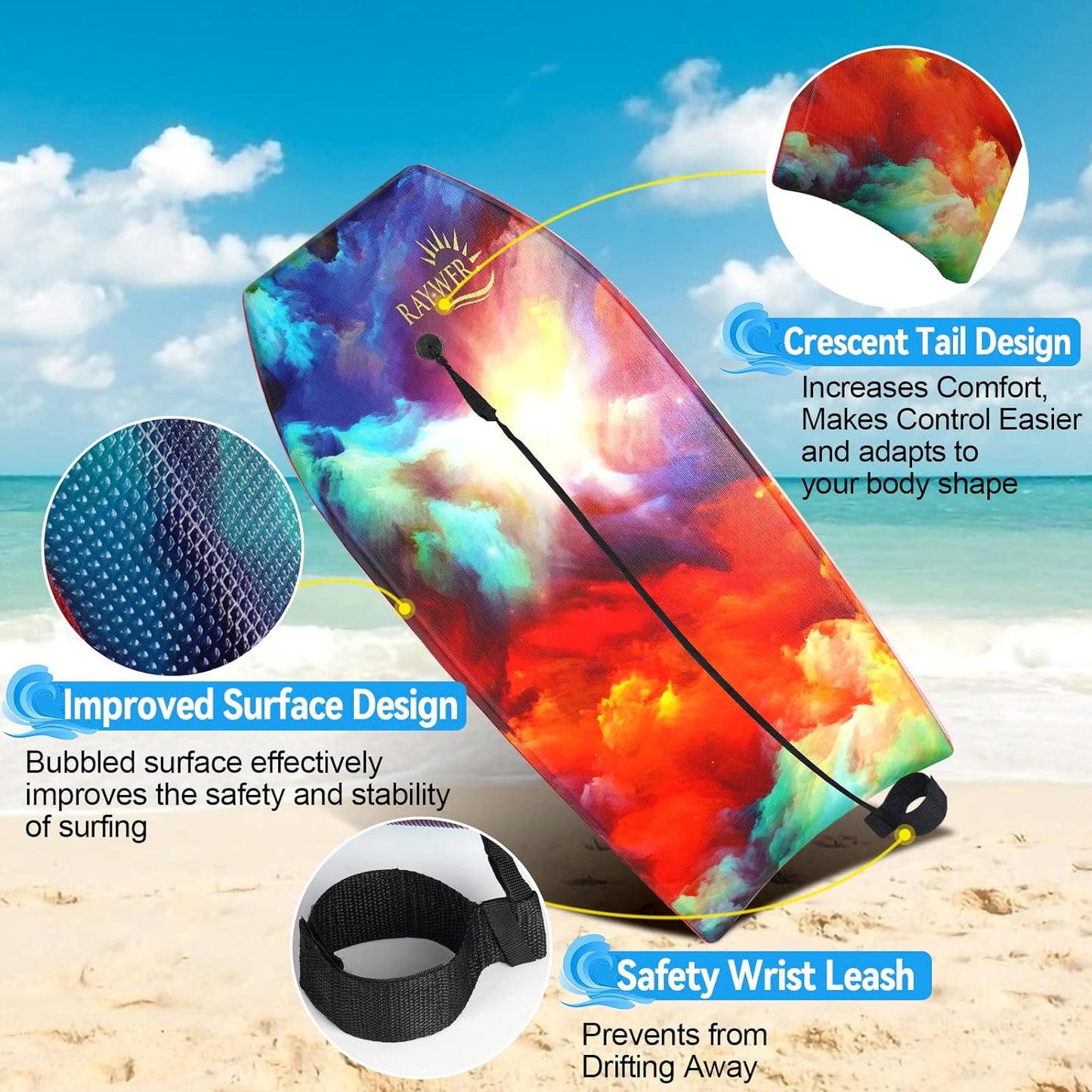 Body Board Lightweight with EPS Core, HDPE Slick Bottom, Leash & Adjustable Wrist Rope, Great Surfing for Kids and Adults