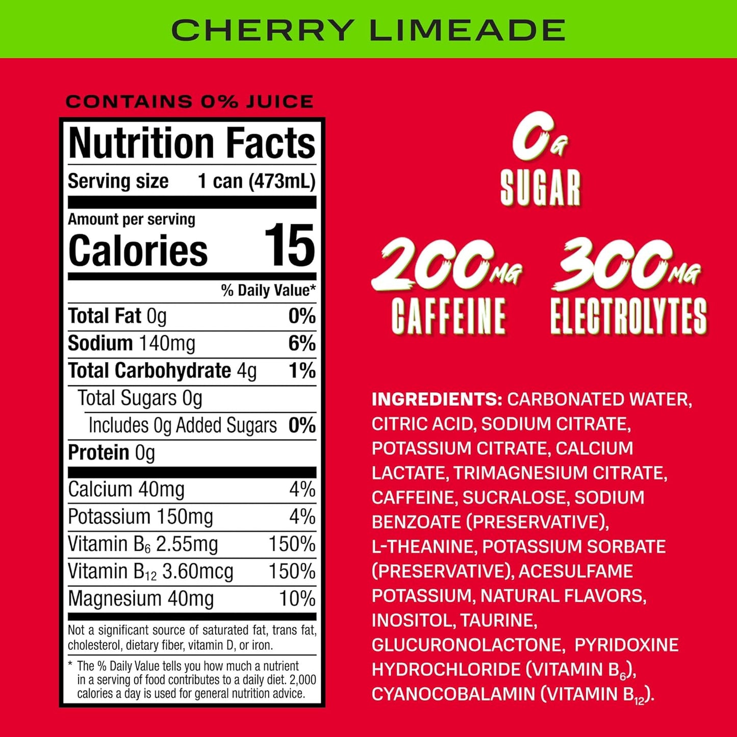 PRIME Energy CHERRY LIMEADE, Zero Sugar Energy Drink, 200mg Caffeine and 300mg of Electrolytes for Hydration, Vegan, Gluten Free,16 Fluid Ounce, 12 Pack