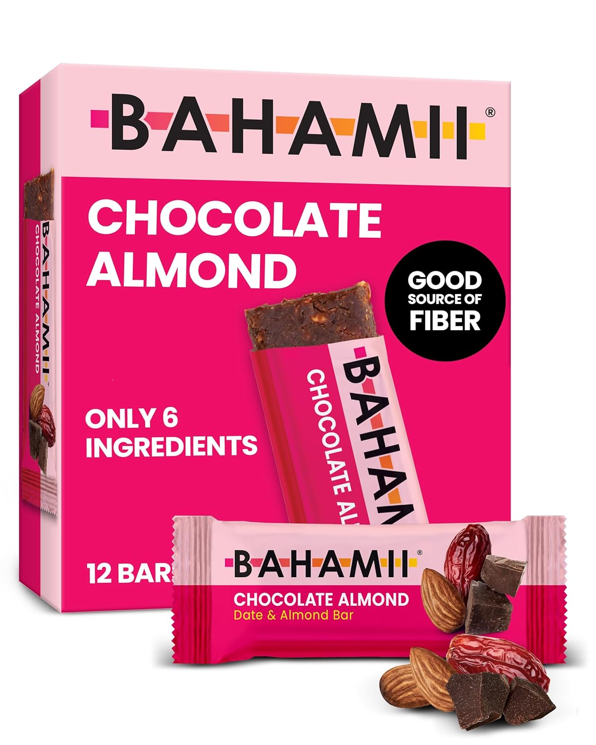 Bahamii Chocolate Almond Nut & Date Bars, 12 Pack, Gluten Free & 0g Added Sugar Low Calorie Snacks, Delicious Snack Bar with Almonds, Dates, Organic Cocoa, Vanilla, Sea Salt, Diabetic Snacks