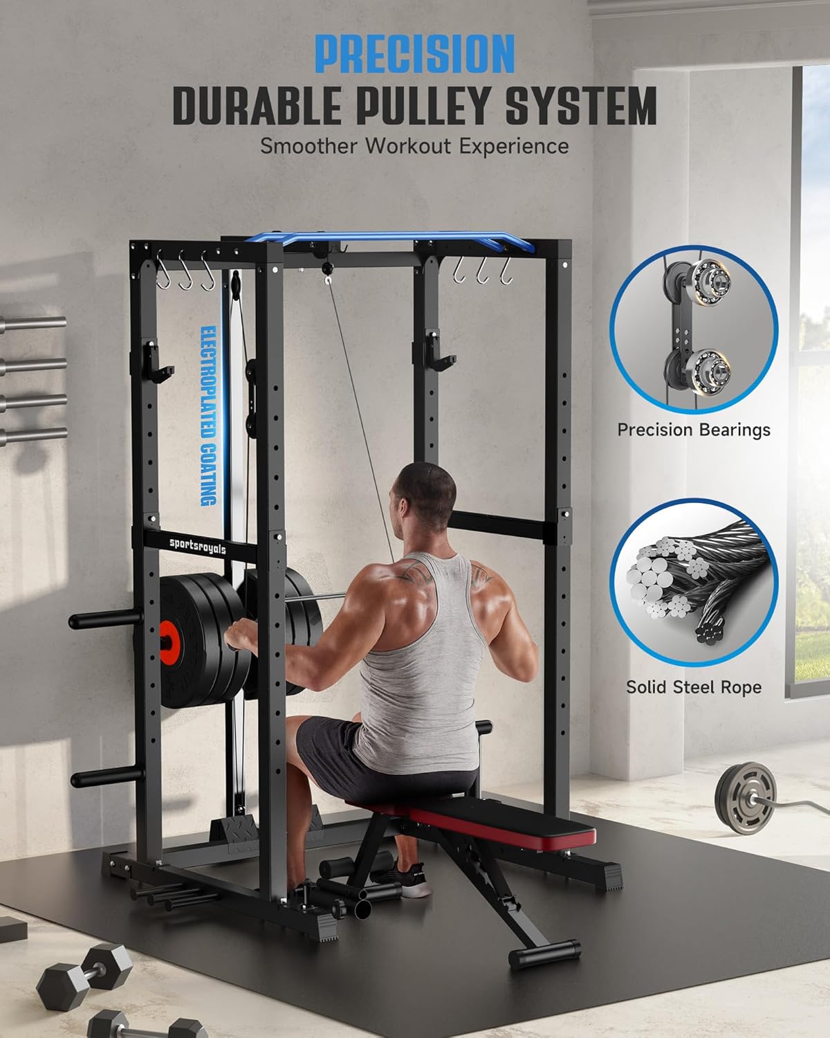 Sportsroyals Power Cage,1600lbs Multi-Function Power Rack with Adjustable Cable Crossover System and More Training Attachment, Weight Cage for Home Gym