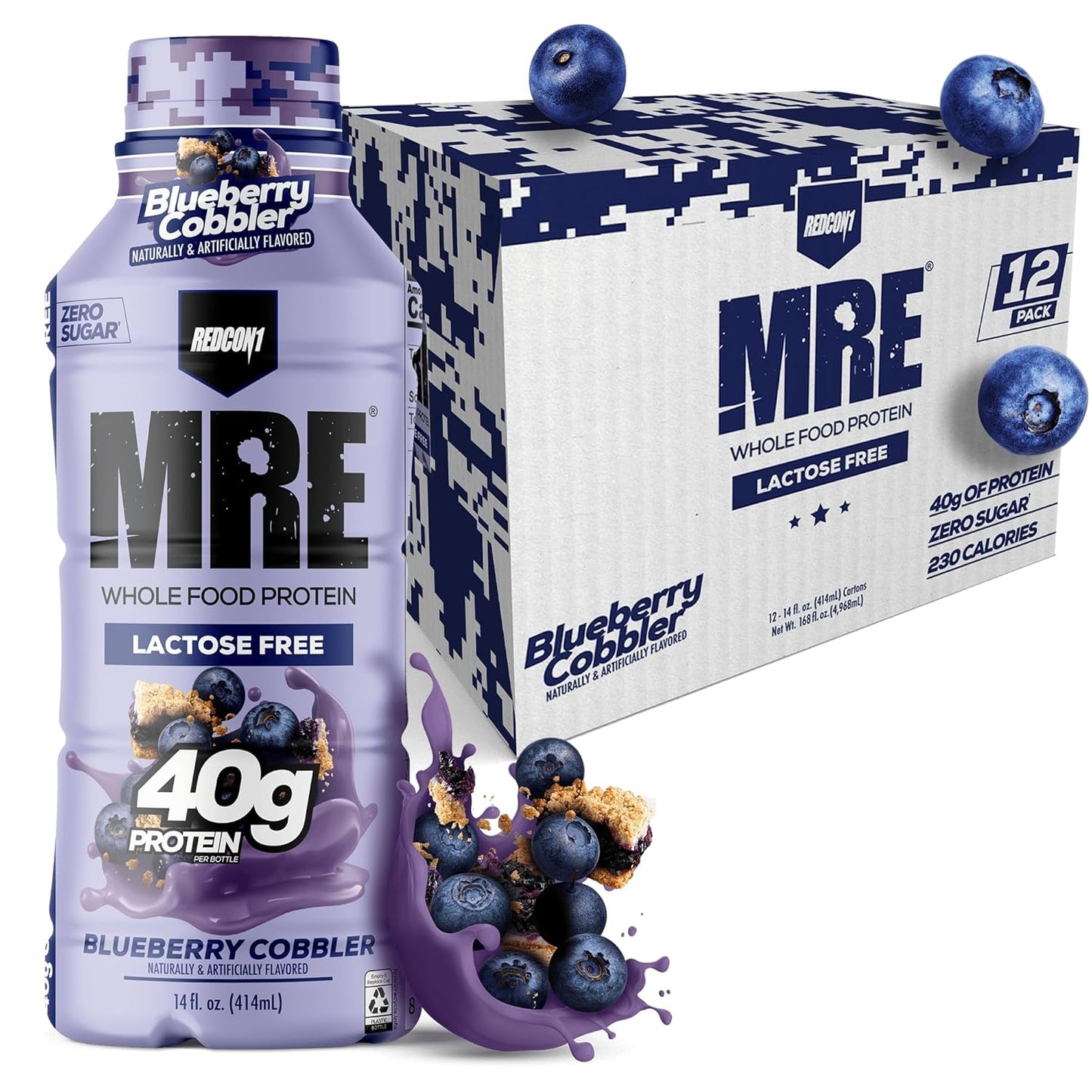 REDCON1 MRE Ready to Drink Protein Shake, Blueberry Cobbler - Lactose + Whey Free RTD 40gr Protein Made with Real Whole Food Protein Blends - Keto-Friendly, Easy to Digest Nutritional Shake (12 Pack)