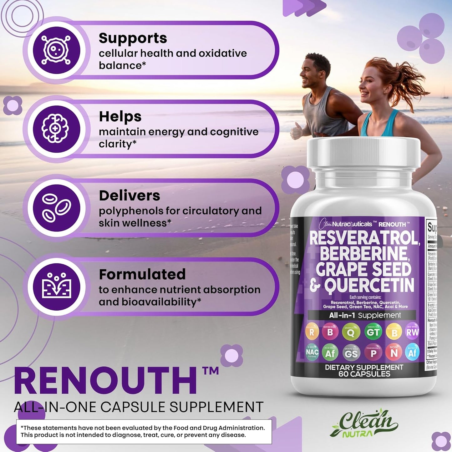Clean Resveratrol Supplement | Berberine Grape Seed Extract Quercetin Green Tea Extract Acai Noni Polyphenol Supplement for Women & Men Anti Aging N-Acetyl Cysteine NAD Booster