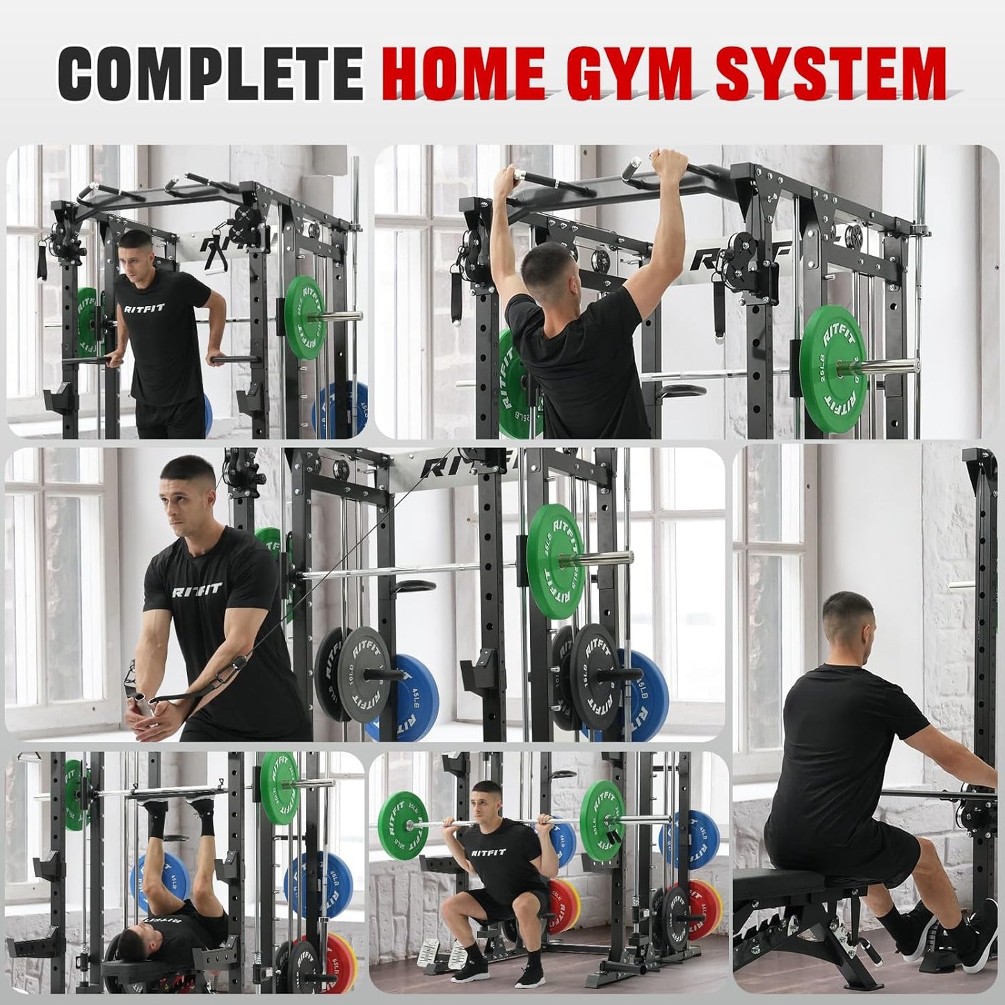 RitFit Buffalo Smith Machine, Power cage with LAT-Pull Down System & Cable Crossover System, All-in-One Squat Rack for Home Gym, Power Rack
