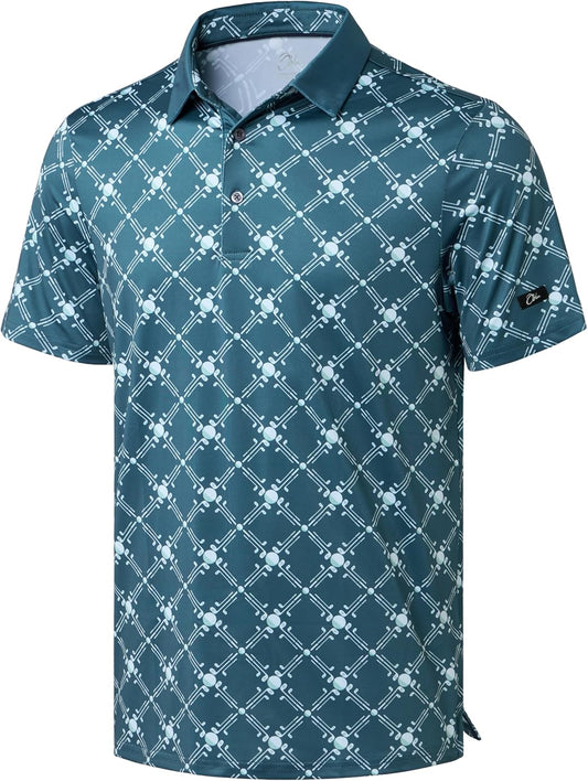 Obla Mens Golf Polo Shirts Short Sleeve Dry Fit Performance Moisture Wicking Casual Print Collared Golf Shirts for Men