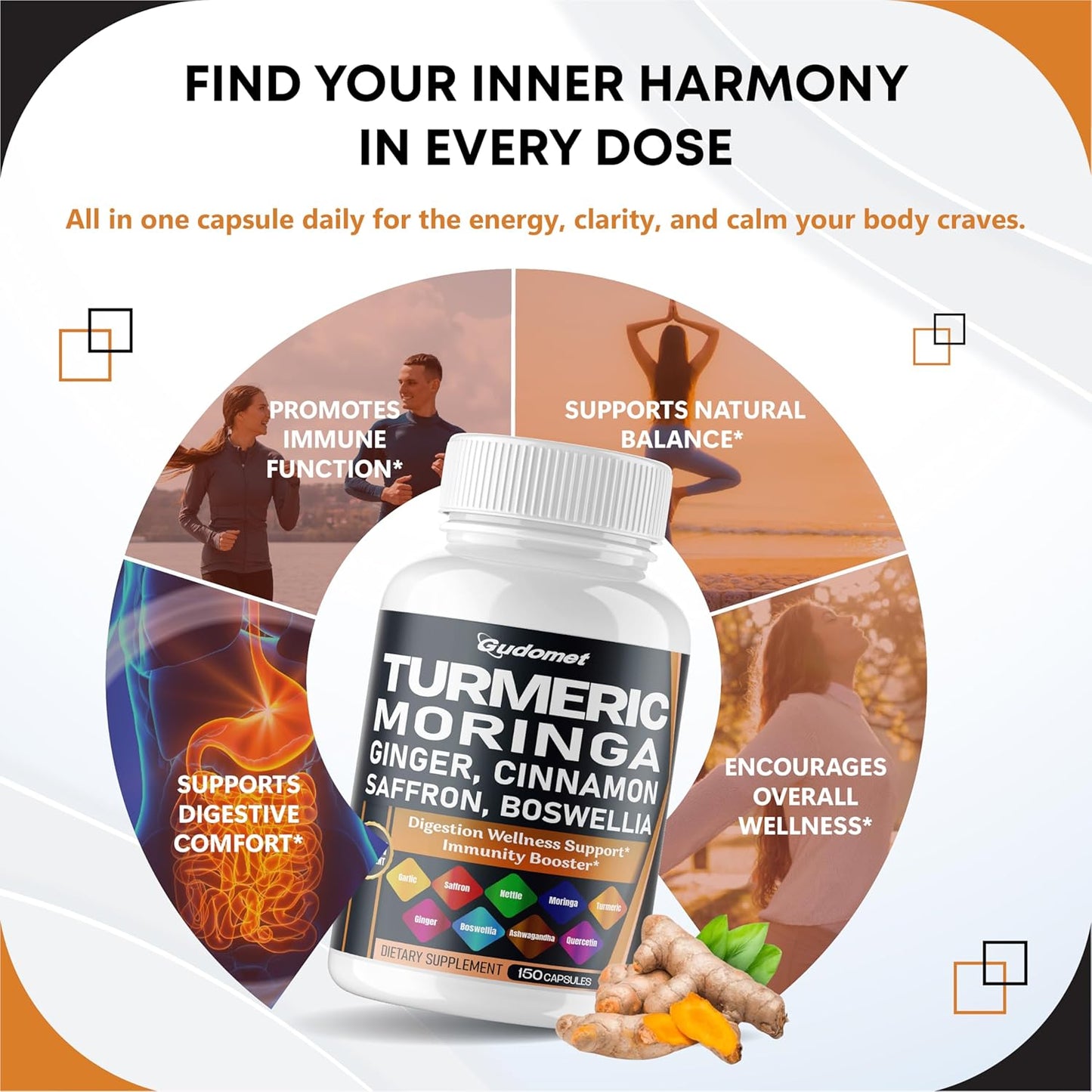 Turmeric Moringa Ginger Boswellia Quercetin Cinnamon Saffron Tart Cherry Odorless Garlic Nettle -150 Capsules- Made in USA