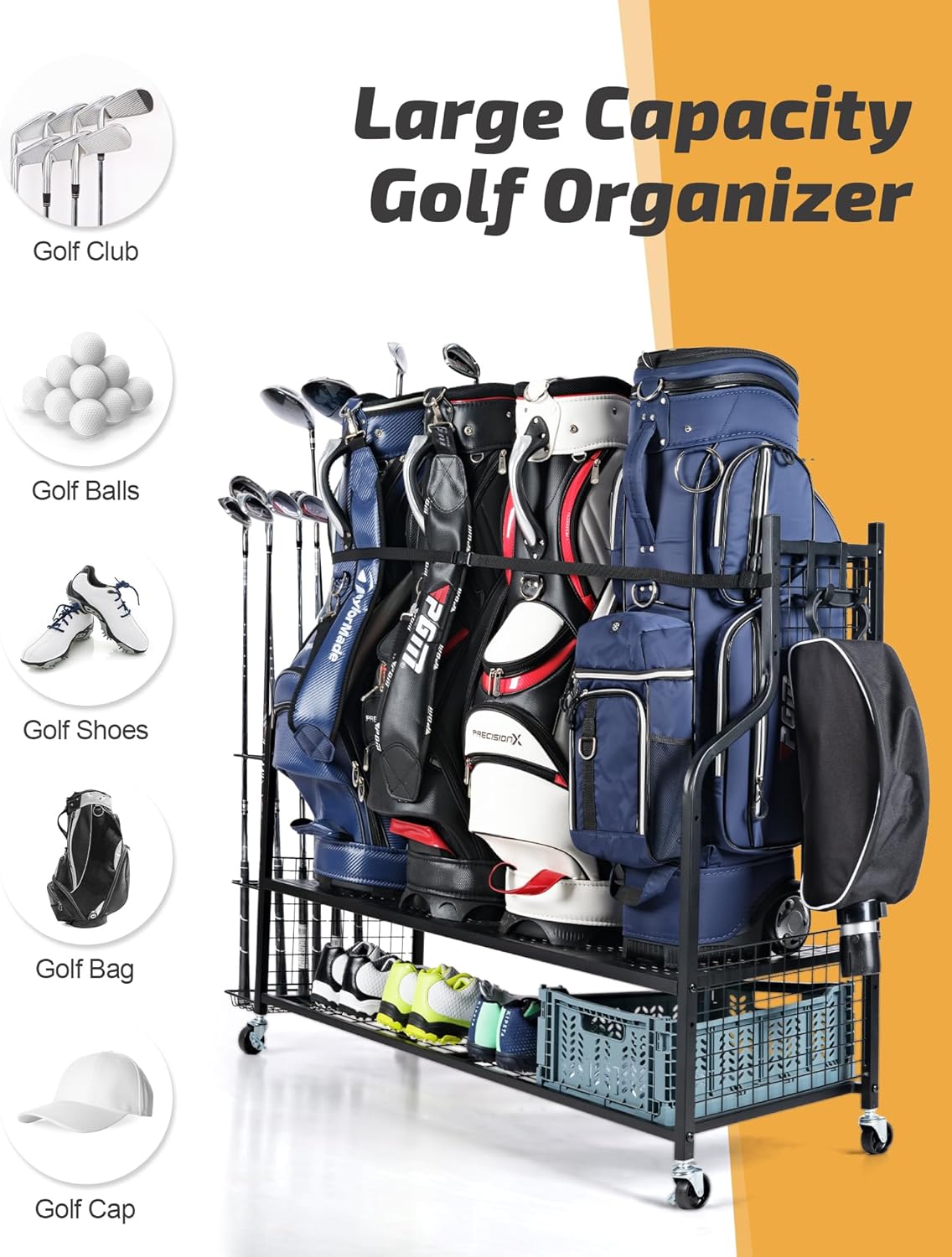 PLKOW 4 Golf Bag Organizer Garage Storage, Extra Large Golf Bag Storage Rack for Golf Bag, Golf Clubs and Golf Accessories, Golf Storage for Garage, Golf Clubs, Basement