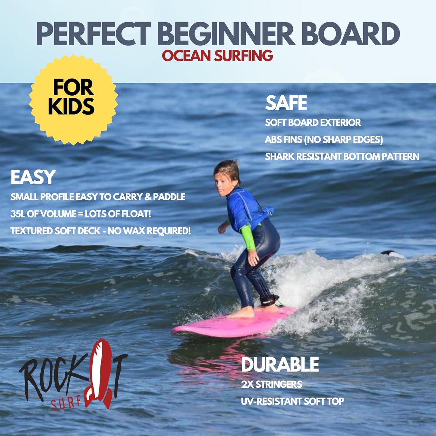 Rock-It 4'10" CHUB Soft Top Surfboard - Kids & Mini, Easy to Paddle & Maneuverable for Beginners