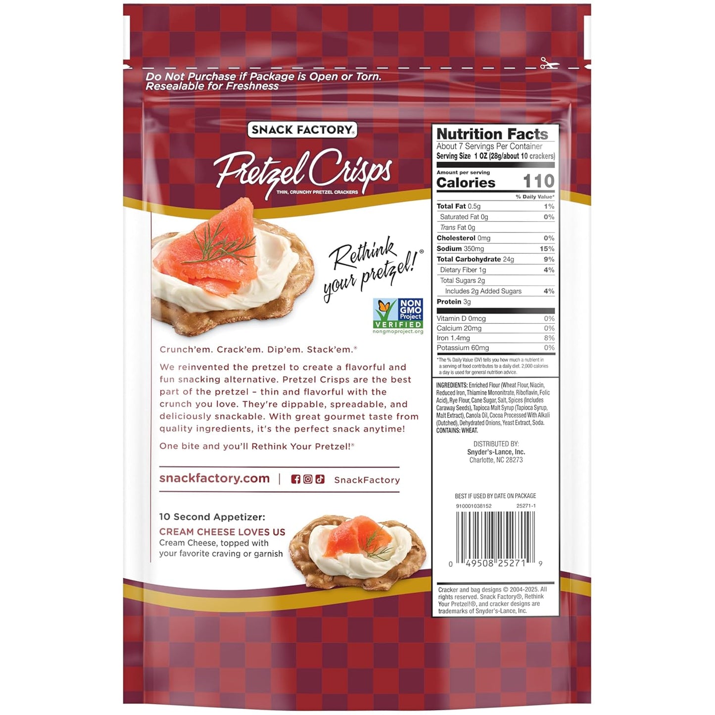 Snack Factory Pretzel Crisps Rye Pretzel Crackers, 7.2 Oz Bag