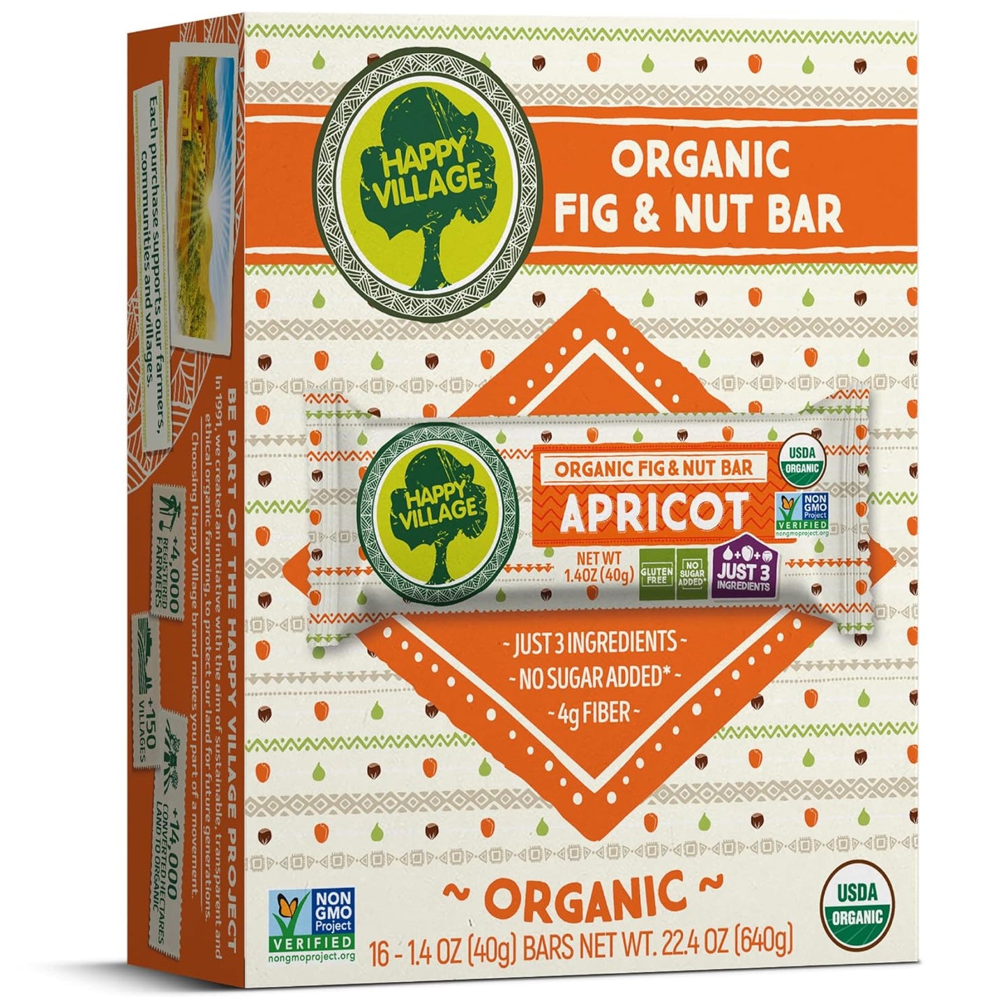 Happy Village Organic Fig & Nut Bar, APRICOT | Only 3 Ingredients, Gluten Free, No Added Sugar, Kosher, Non-GMO, Vegan, Good Source of Fiber | Organic Healthy Snack Bars (16 bars, 1.4 OZ each)