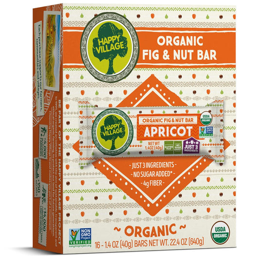 Happy Village Organic Fig & Nut Bar, APRICOT | Only 3 Ingredients, Gluten Free, No Added Sugar, Kosher, Non-GMO, Vegan, Good Source of Fiber | Organic Healthy Snack Bars (16 bars, 1.4 OZ each)