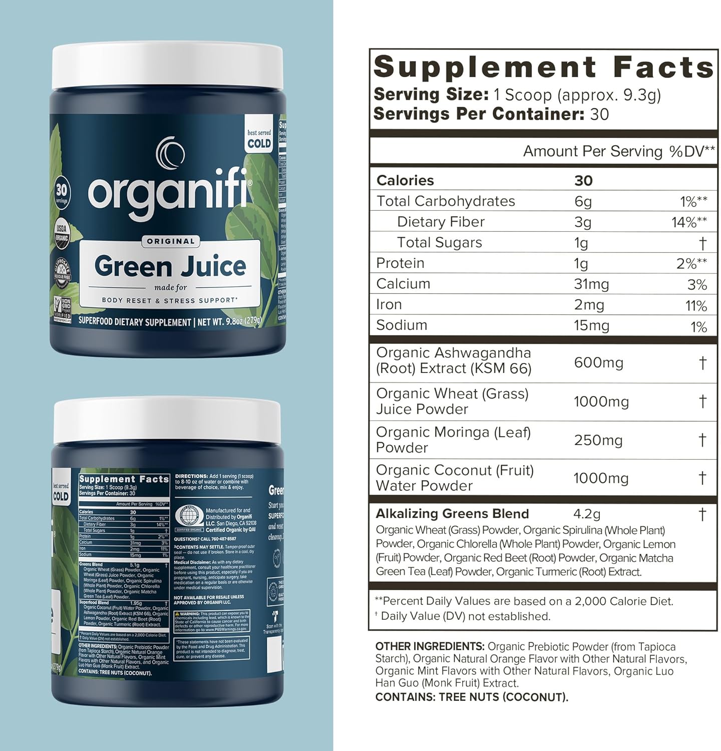 Organifi Green Juice - Powder Supplement with Organic Spirulina, Ashwagandha, and Chlorella - Helps Achieve Fitness Goals and Reduce Cortisol Levels, 30-Day Supply