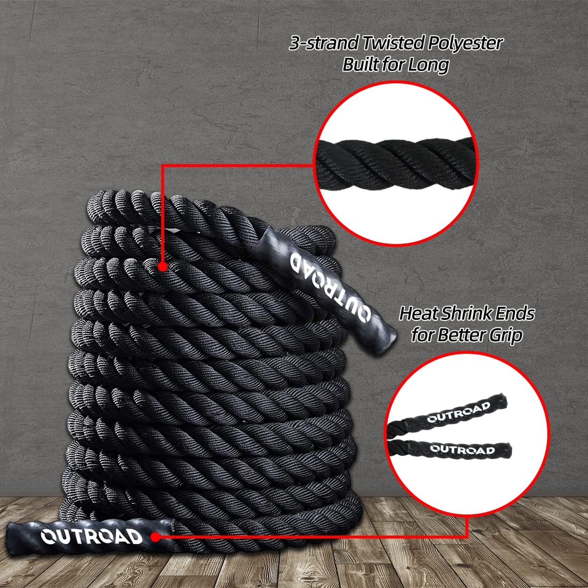 Outroad Battle Rope, 1.5" Diameter 30ft Poly Dacron Workout Exercise Training Heavy Rope, Workout Equipment for Crossfit Training Home Gym & Fitness Exercises, Black and Pattern