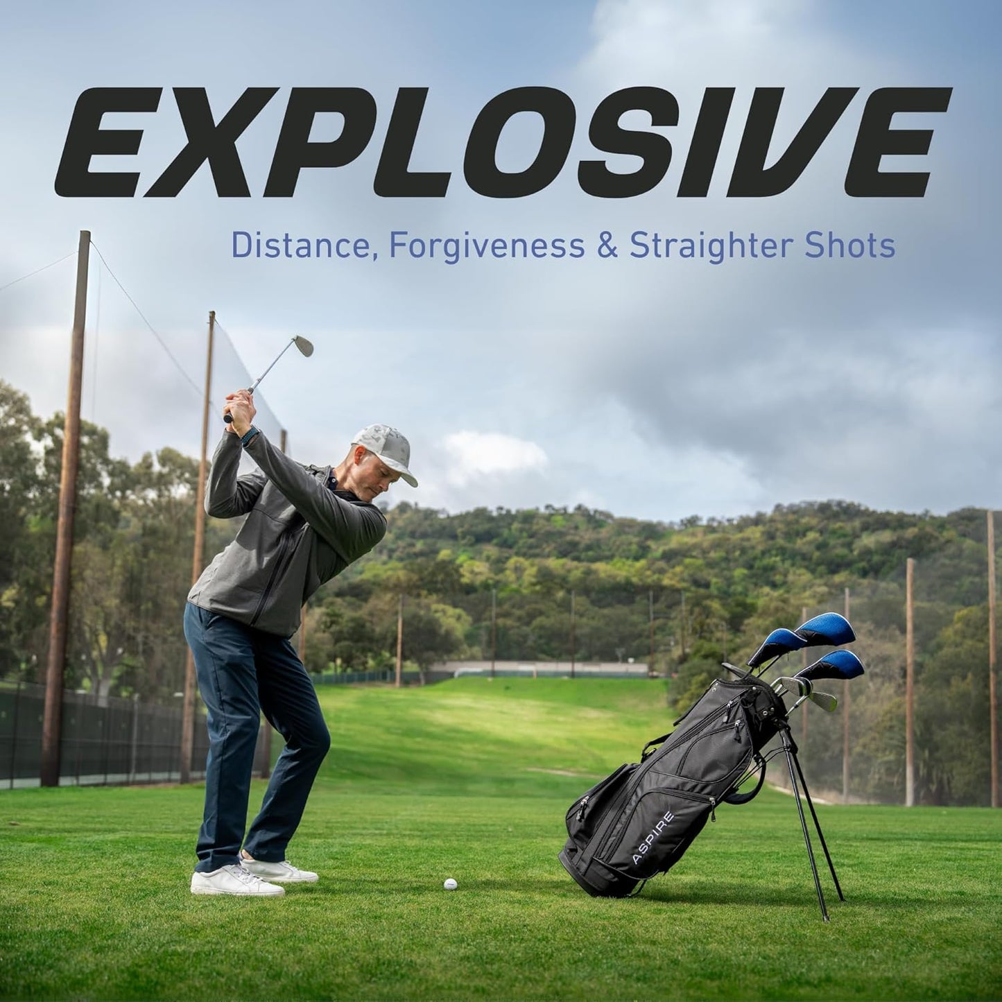 Aspire XD1 Men's Senior All Graphite Complete Golf Clubs Package Set Includes Titanium Driver, S.S. Fairway, S.S. Hybrid, S.S. 6-PW Irons, Putter, Stand Bag, 3 H/C's Right Hand