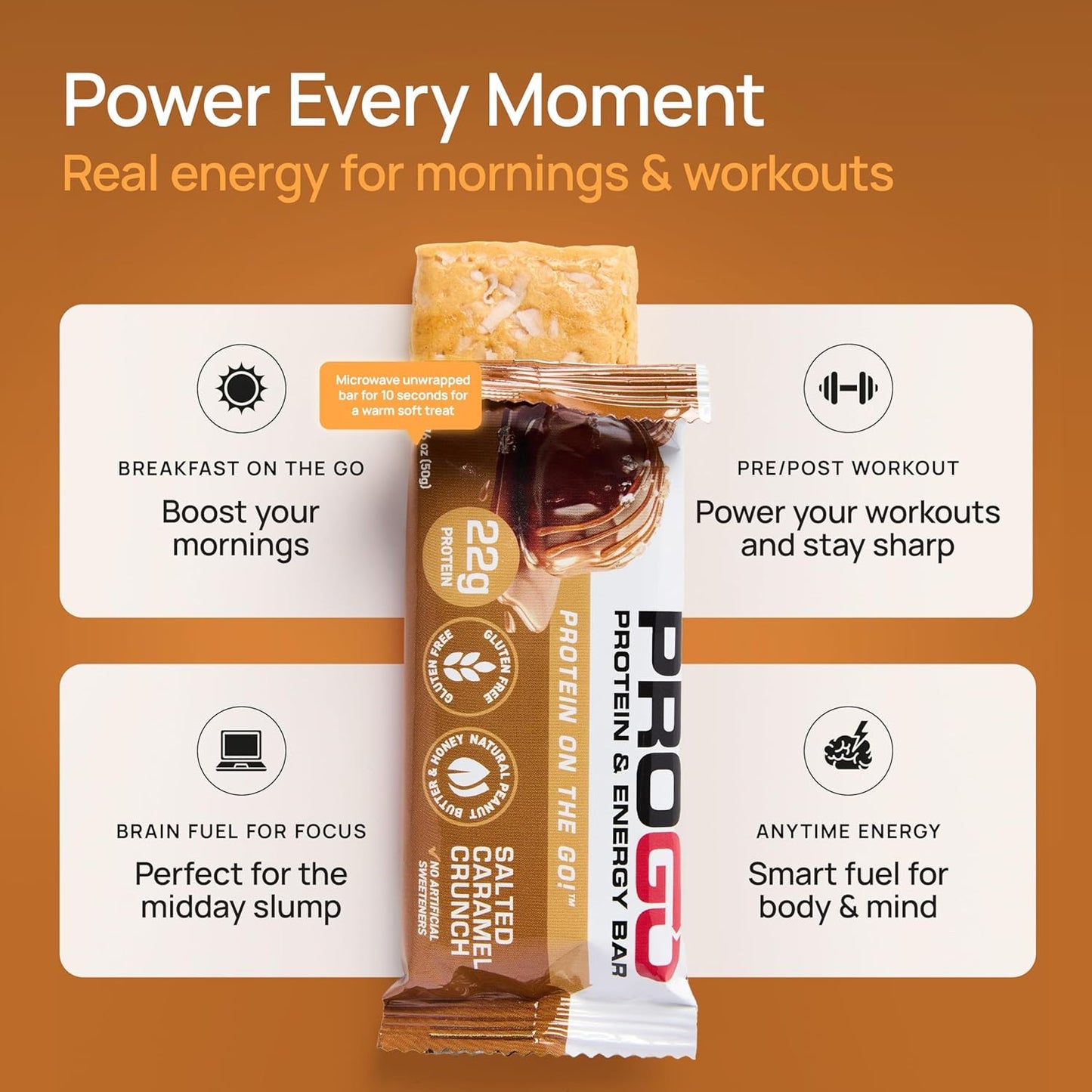 ProGo Protein Bars, Low Sugar, High Protein Snacks (22g) - 95% Pure Isolate for Faster Muscle Growth & Recovery, Low Calorie, Sweetened w/Peanut Butter & Honey (20-Count, Salted Caramel Crunch)