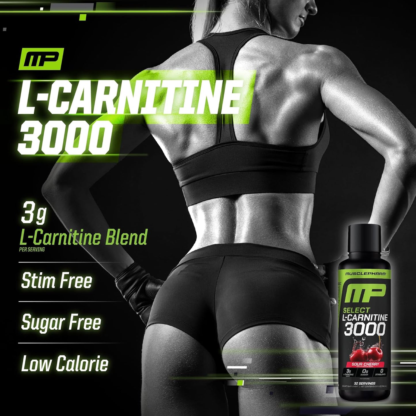 Muscle Pharm L-Carnitine 3000, The Ultimate Liquid L Carnitine Supplement for High-Performance, Supports Metabolism, Hydration & Energy, Zero Sugar/Calories, Sour Cherry Flavor, 32 Servings