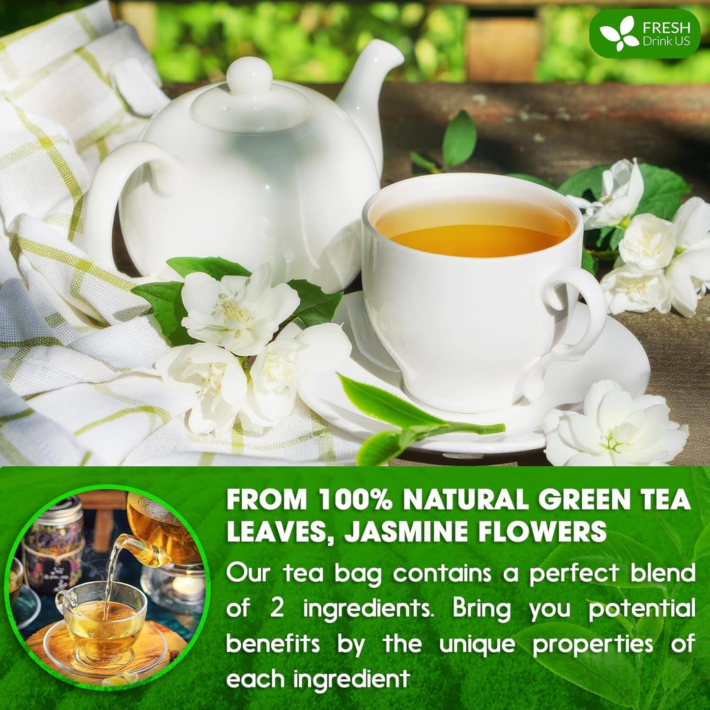 FreshDrinkUS, Premium 20 Tea Bags of Jasmine Green Tea, 100% Natural. Exquisite Flavor, Handpicked Leaves, Perfect for Tea Lovers. No Sugar, No Gluten, Vegan.