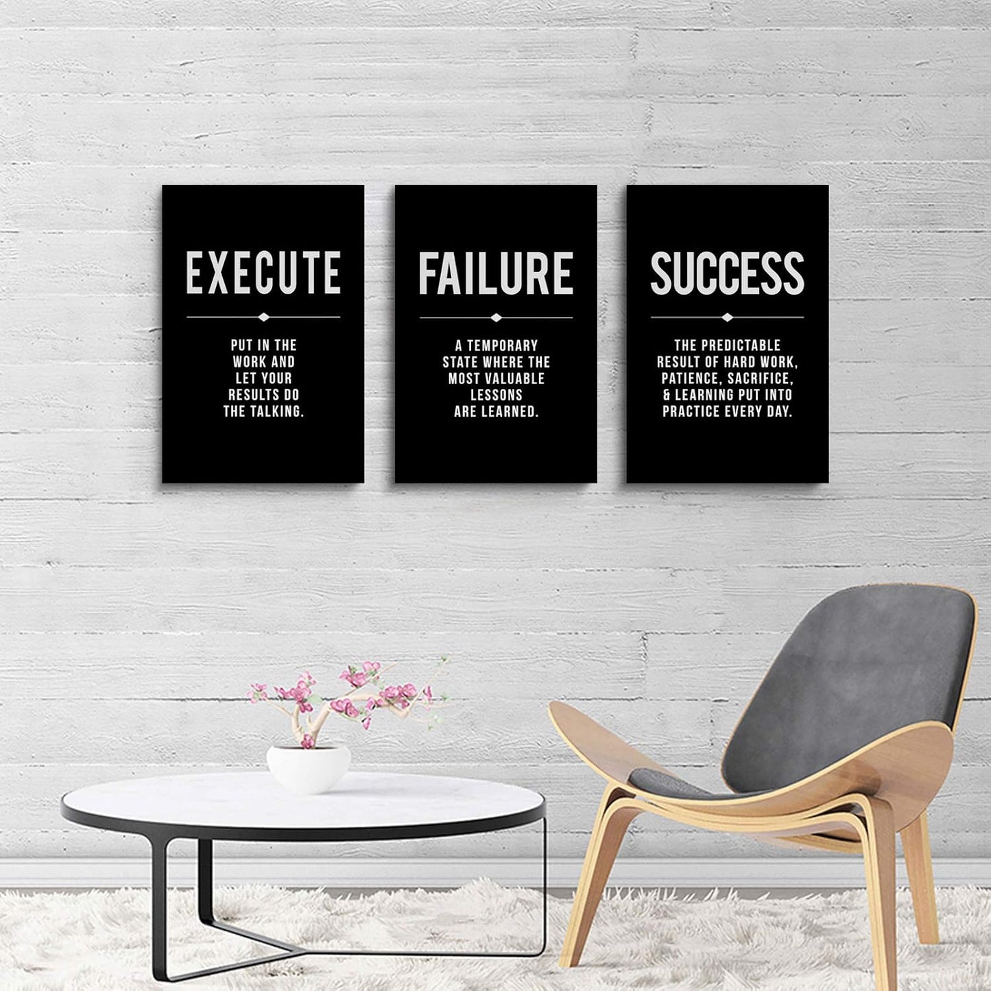 Framed Canvas Wall Art Success Quote, Office Wall Art, Black Large Poster, Positive Motivational Set of 3 Prints, Execute Failure Definition, Inspirational Print (A-3pcs,16x24inchx3pcs)