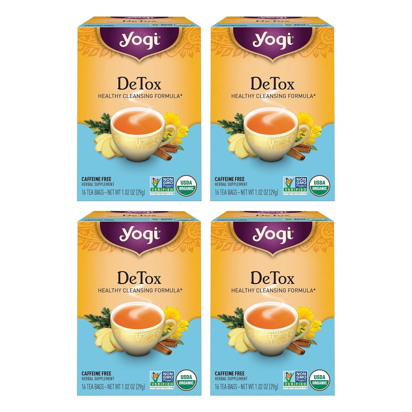 Yogi Tea DeTox Tea - 16 Tea Bags per Pack (4 Packs) - Organic Detox Tea for Digestive & Circulation Support - Includes Burdock, Dandelion, Ginger Root, Black Pepper, Cardamom & Juniper Berry