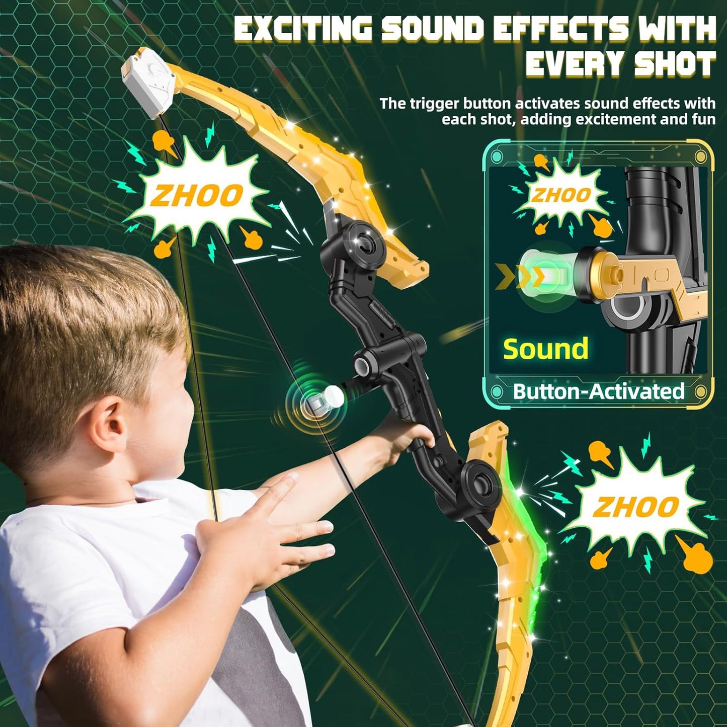 2 Pack Upgraded Kids Bow and Arrow Sets with Sound Effects&Color-Changing LED Flash Lights, Achery set for 4 5 6 7 8 9 10 11 12 Year Old, Indoor Outdoor Toys for Ages 5-7 8-13 Boys Girls(Green&gold)