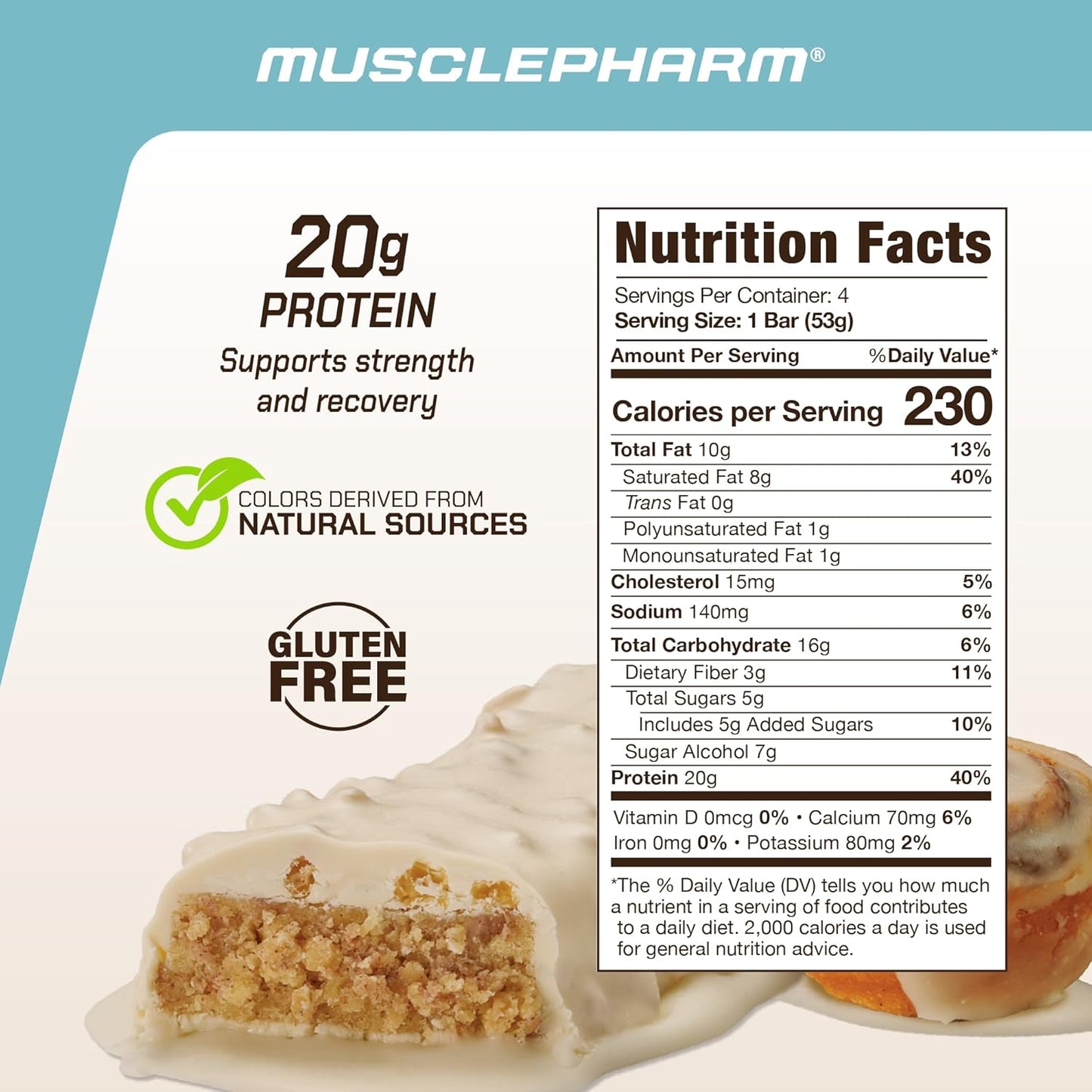 MusclePharm Combat Ready Protein Bar, Cinnamon Roll High Protein Bars, Combat Cravings, Fuel Performance & Meet Energy Demands, 20g Protein from Whey Protein, 3g Fiber, Gluten Free, 4 Bars