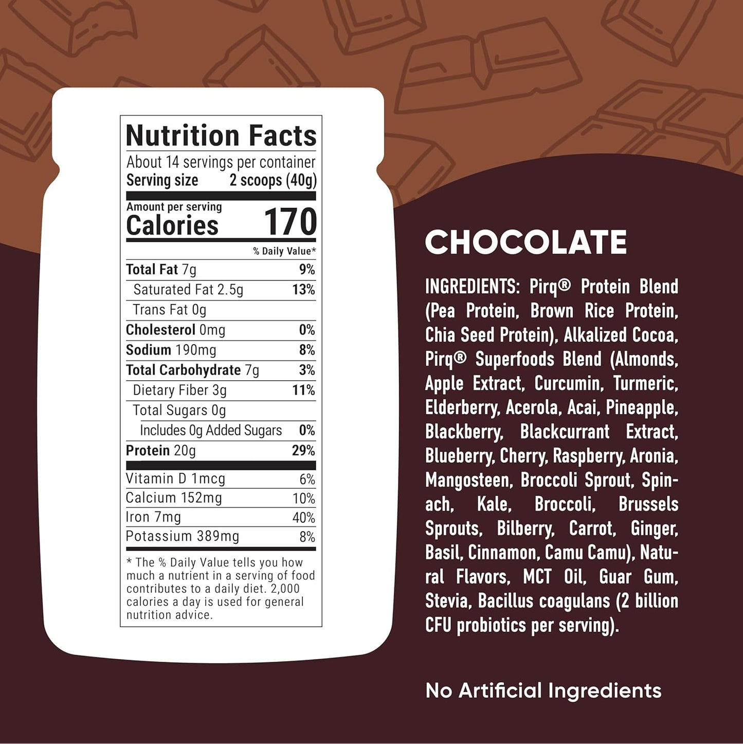Pirq Dairy Free Protein Powder with 20g Protein, Plant Based, 2B CFU Probiotics, 25 Superfoods Greens and Fruits, Vegan, 0g Sugar (14 Servings) (Chocolate)