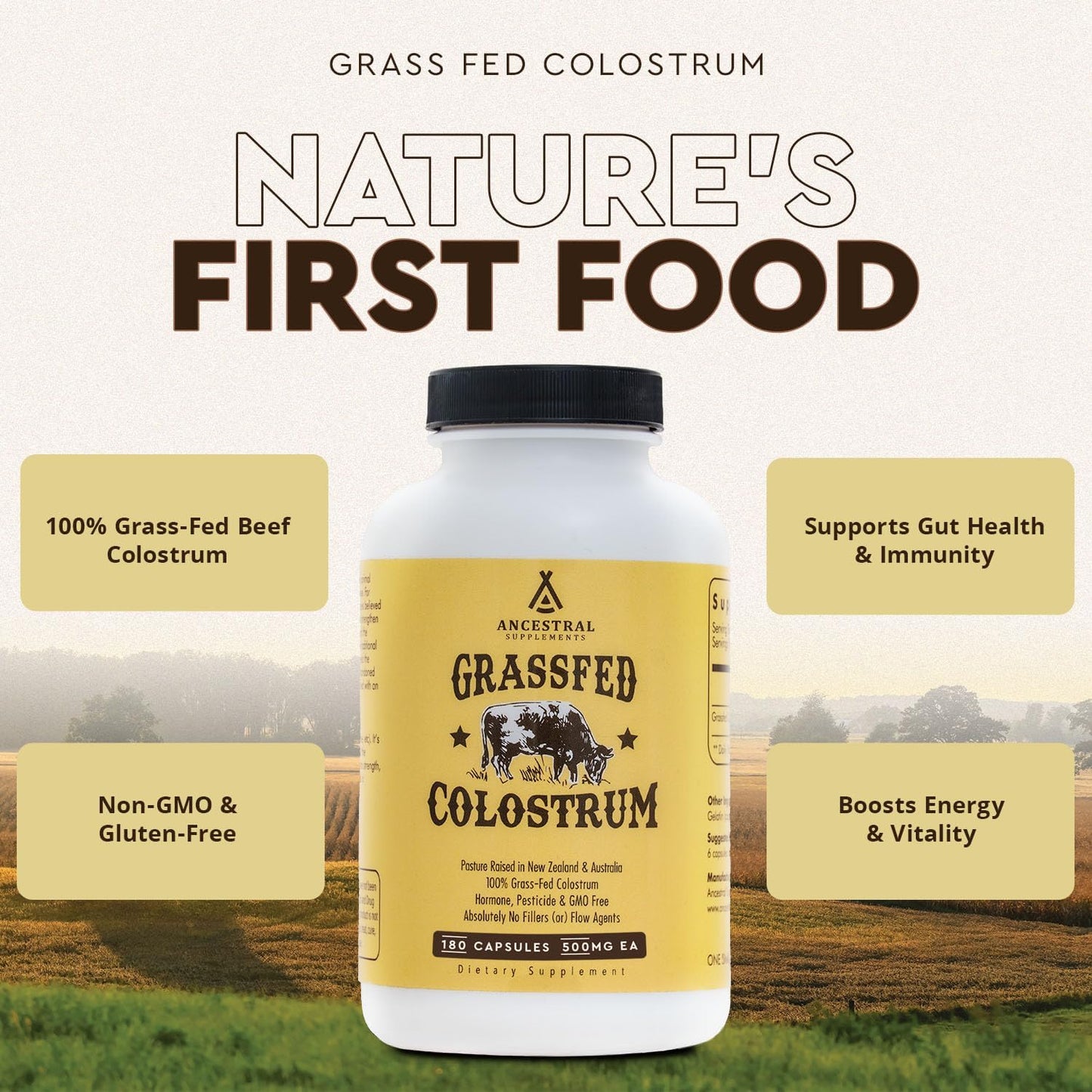 Ancestral Supplements Grass Fed Beef Colostrum Supplement, 3000 mg, Offers Immune Support and Promotes Gut Health, Athletic Performance, Healthy Iron Levels, Growth and Repair, Non GMO, 180 Capsules