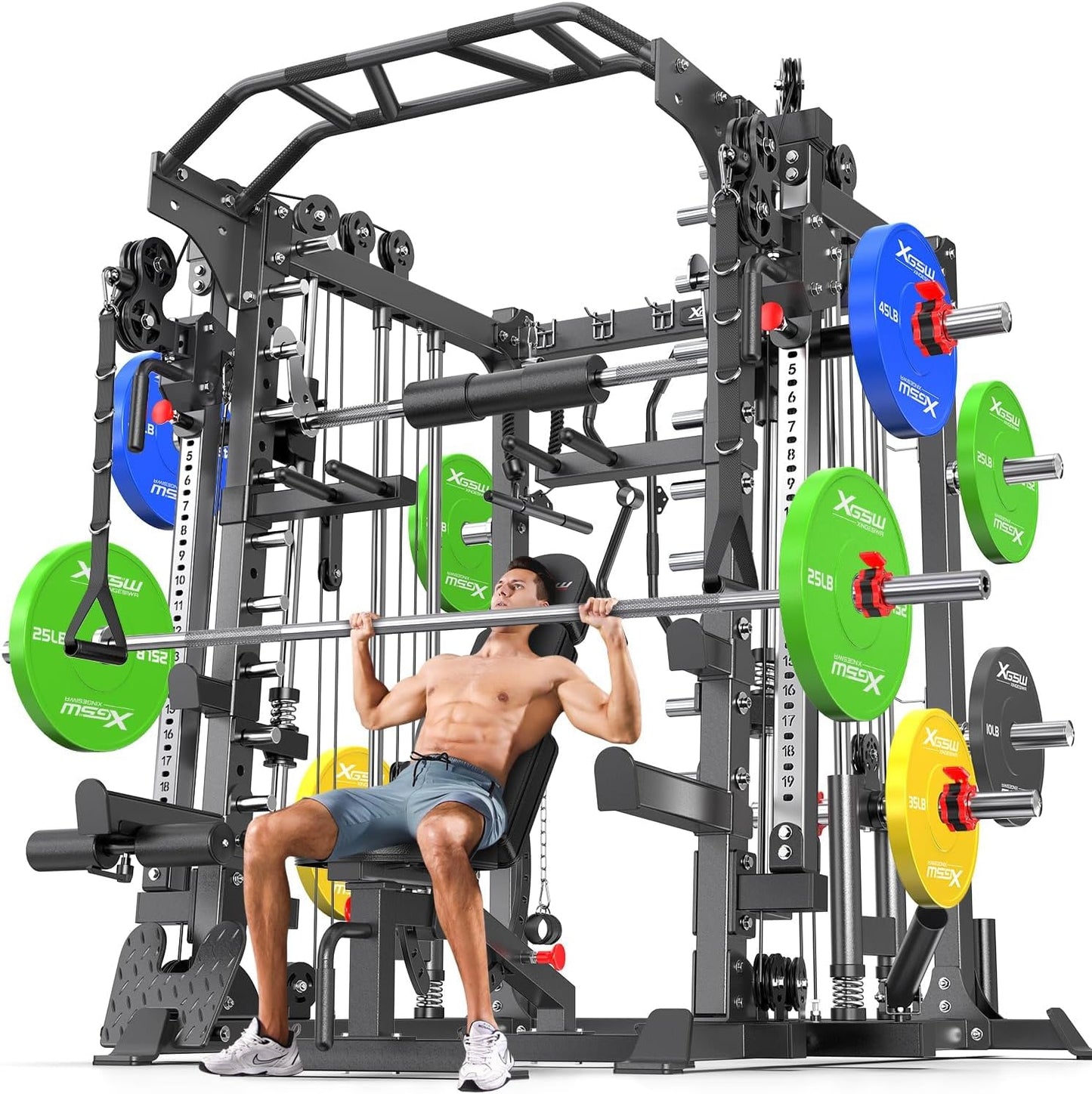 Smith Machine Power Rack Multifunctional Power Cage Deep Squat Rack Cable Crossover System Selectable More Training Attachment for Garage & Home Gym
