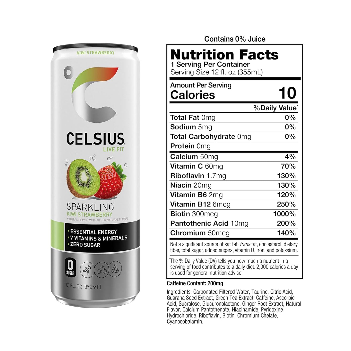 CELSIUS Sparkling Kiwi Strawberry, Sugar Free Energy Drink, 12 Fl Oz (Pack of 12)