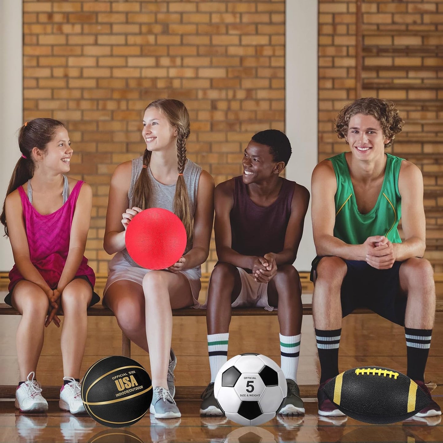 Deekin 8 Pcs Sports Balls Set for Kids Adult Assorted Football Basketball Soccer Playground Balls Official Size with Bags Pumps Outdoor Sports Equipment Athletic Gift Back to School