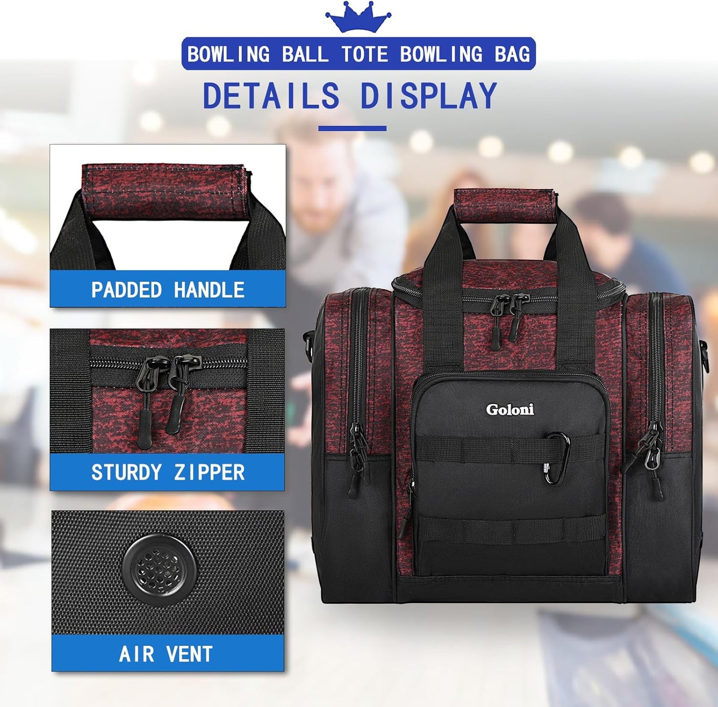 Goloni Bowling Ball Bag for Singer Ball with Padded Ball Holder, 2 Pockets fit Bowling Shoes Up to Mens Size 14 and Accessories