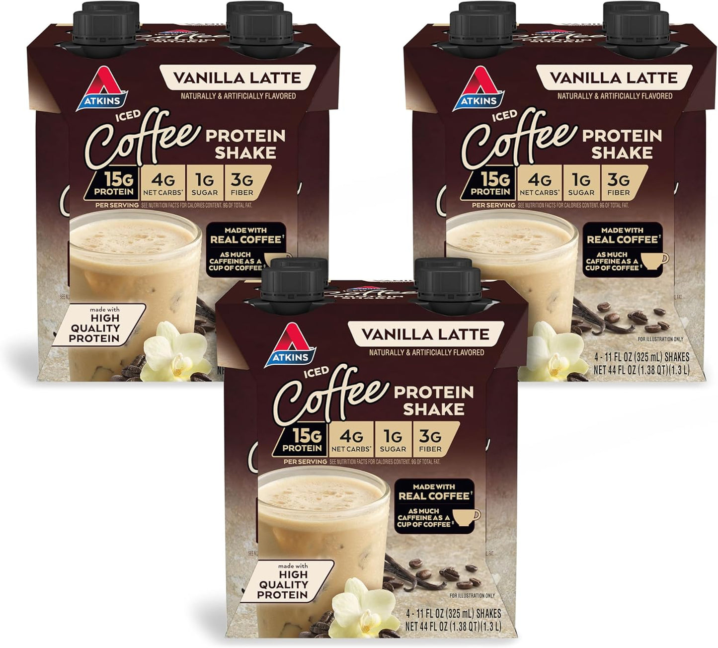 Atkins Iced Coffee Vanilla Latte Protein Shake, 15g Protein, Low Glycemic, 4g Net Carb, 1g Sugar, Keto Friendly, 12 packs of 11 fl Oz