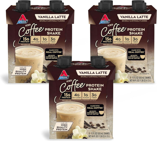 Atkins Iced Coffee Vanilla Latte Protein Shake, 15g Protein, Low Glycemic, 4g Net Carb, 1g Sugar, Keto Friendly, 12 packs of 11 fl Oz