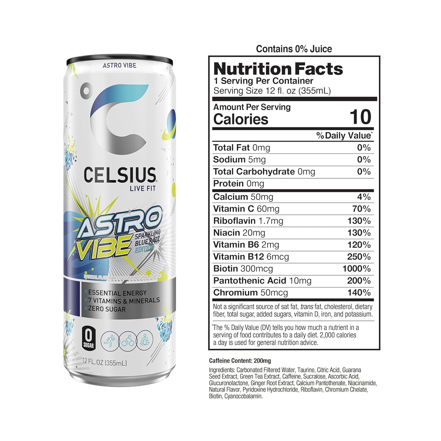 CELSIUS ASTRO VIBE Sparkling Blue Razz, Sugar Free Energy Drink, 12 Fl Oz (Pack of 12)