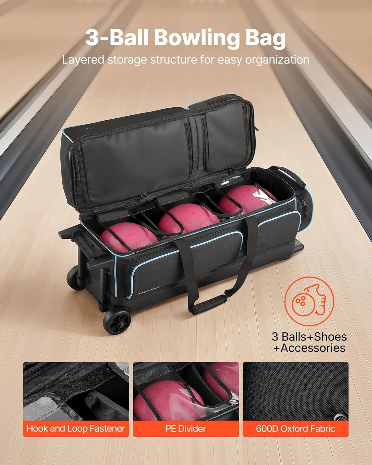 VEVOR Bowling Ball Bag, 3 Ball Double Roller Bowling Bag with Wheels, Featuring a Separate Compartment for Shoes (Up To US Size 16) & Oversized Accessory Pocket, Retractable Handle Extends to 41.34 in