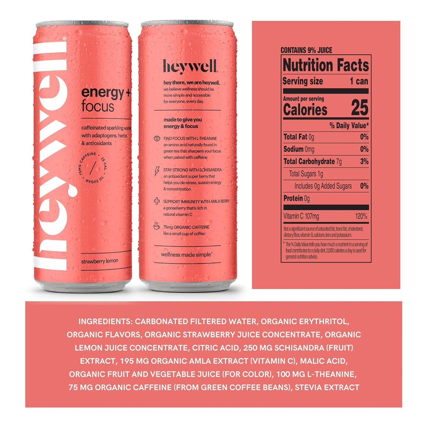 Heywell Sparkling Adaptogenic Water Energy and Focus, Strawberry Lemon Flavor 12 Fluid Ounce (Pack of 12) - Caffeinated, Organic, Non GMO, Vegan, Gluten Free, Dairy Free