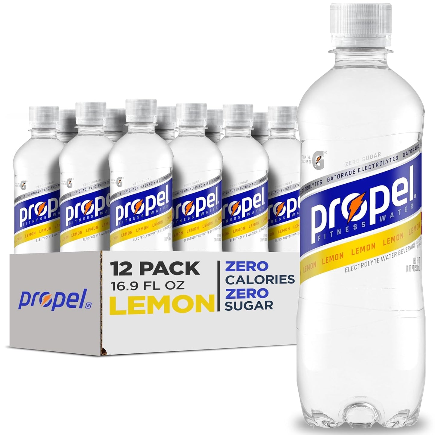 Propel Electrolyte Enhanced Water Sports Drink, Lemon Flavored Water, Zero Calorie & Zero Sugar Hydration with Electrolytes and Vitamins C & E, 16.9 fl oz Water Bottles (12 Pack)