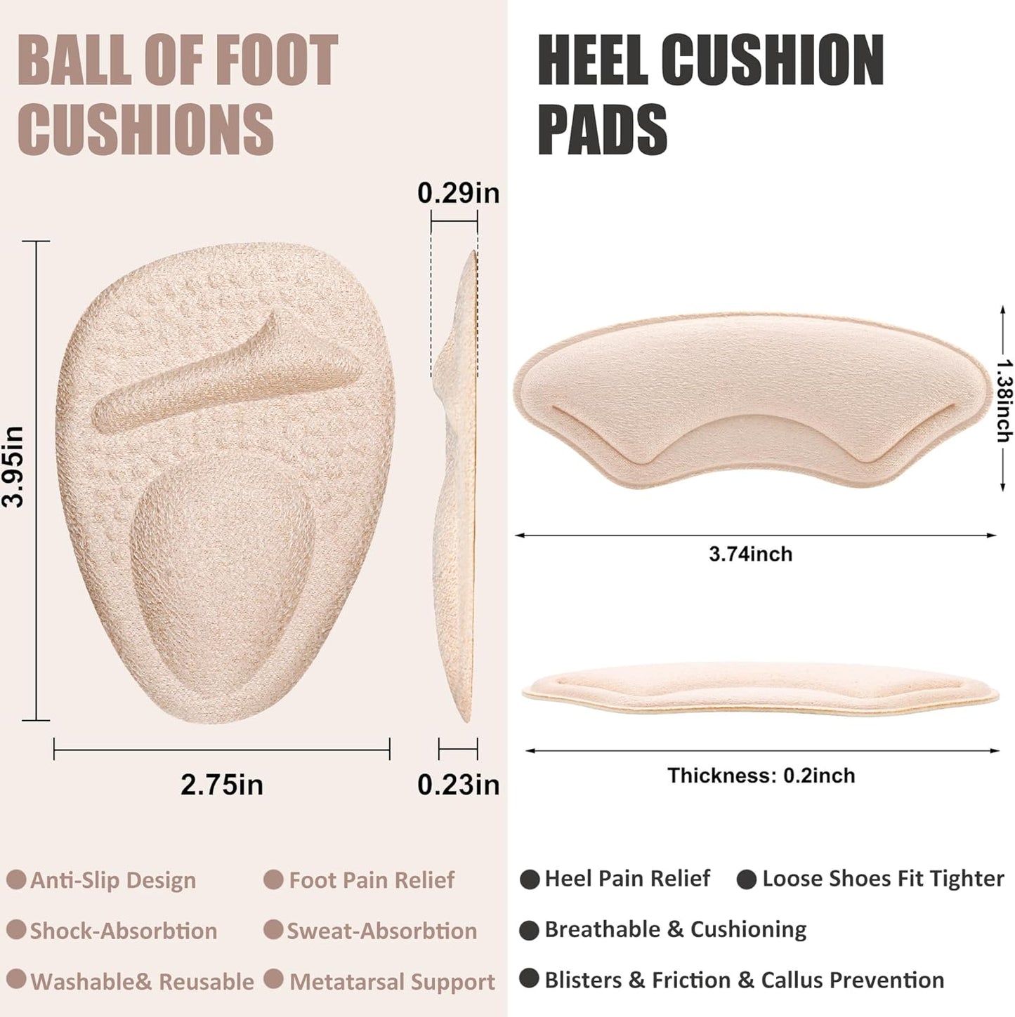 Ball of Foot Cushions,Metatarsal Pads for Women,Heel Cushion Pads, Heel Grips Liners for Heel Pain Relief, Blisters,Friction, Non-Slip Shoe Inserts for Loose Shoes,Shoe Fillers Make Shoes Fit Tighter