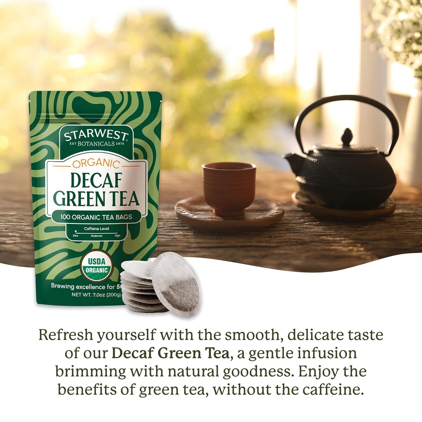 Starwest Botanicals Organic Decaf Green Tea - Decaffeinated Herbal Tea, Caffeine Free Tea with Antioxidant Properties, USDA Organic Green Tea Leaf, Non GMO - Bulk Pack, 100 Tea Bags