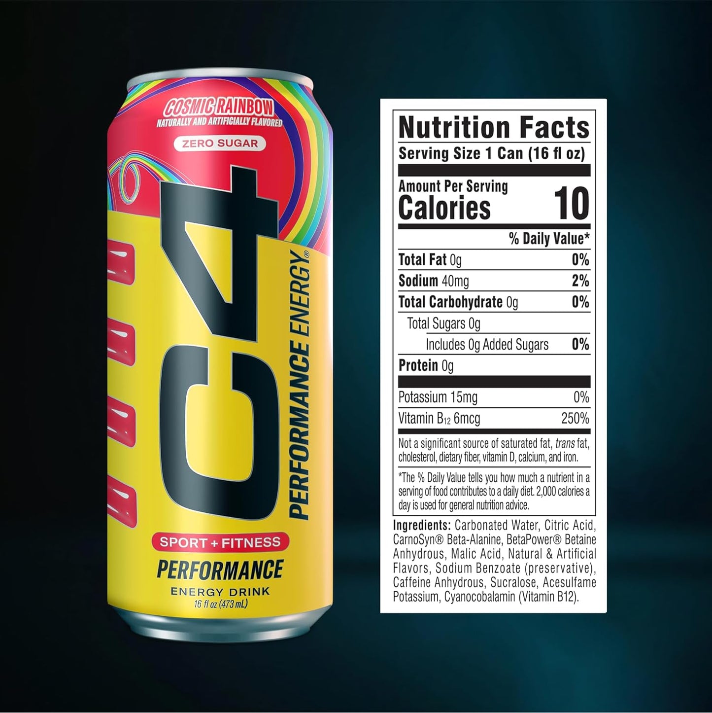 Cellucor C4 Performance Energy Drink | Cosmic Rainbow | Zero Sugar Carbonated Preworkout Energy | 200mg Caffeine with Beta Alanine | 16 Fl Oz (12 Pack), Packaging May Vary