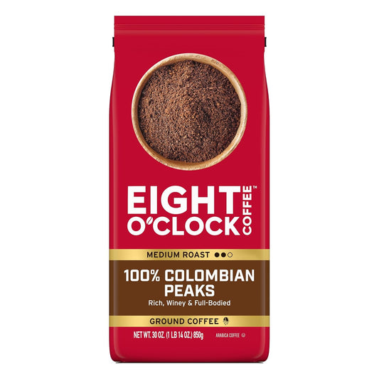 Eight O'Clock Coffee 100% Colombian Peaks Ground Coffee, Medium Roast, 30 Ounce (Pack of 1) - Rich, Winey & Full Bodied