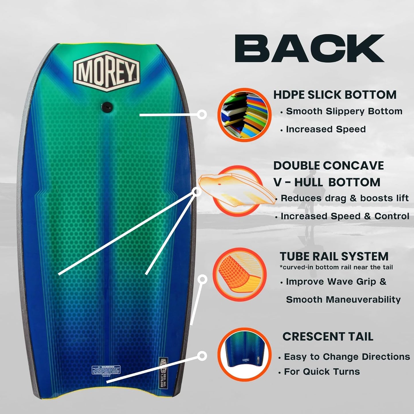 MOREY® Mach 12 MDS, 42.5" Bodyboard. Dynamic Speed Body Boards for Beach, for All Skill Levels, Embedded Fiberglass Stringer, with Coil Leash. Re-Engineered 2025 Model