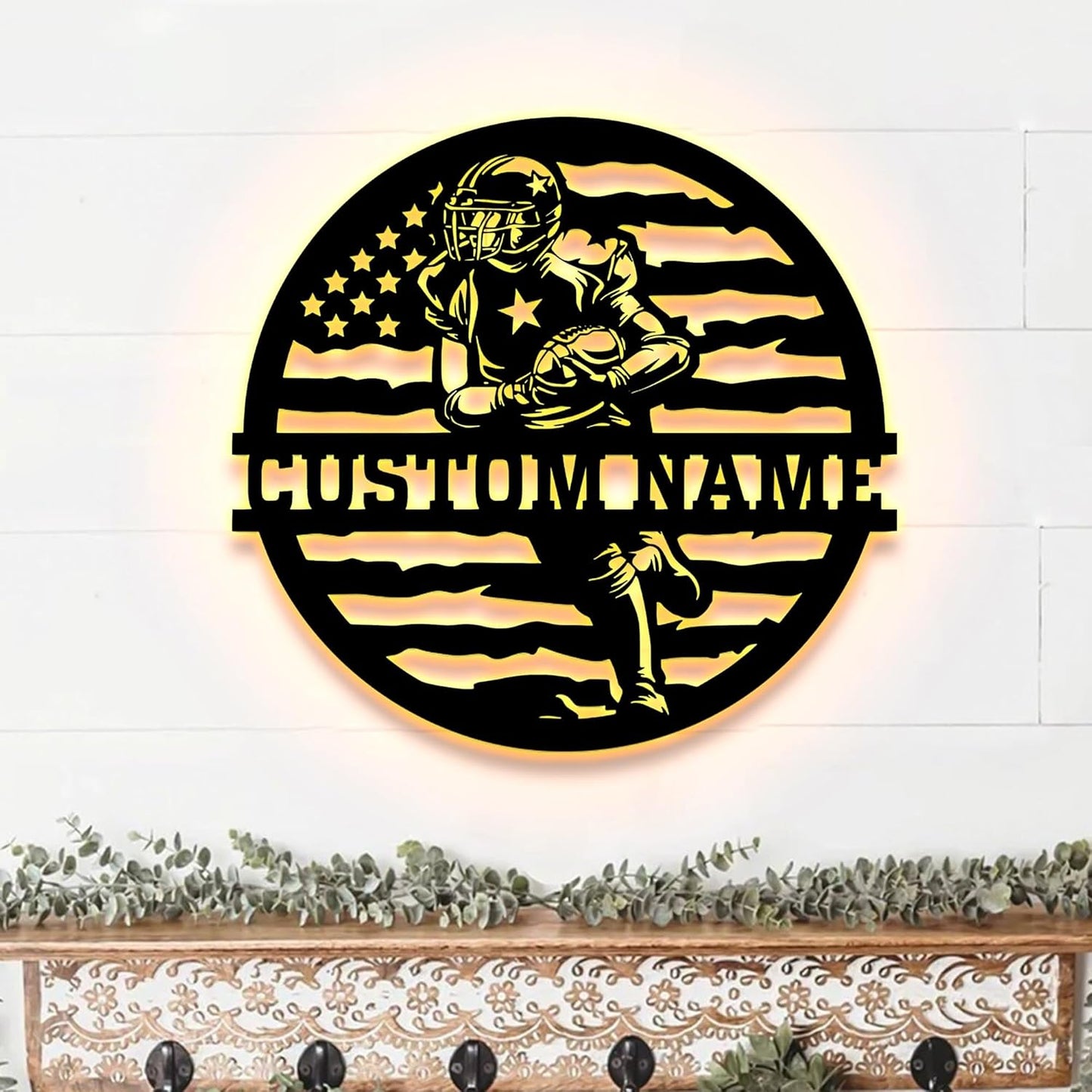 Personalized Football Metal Wall Art LED Light, American Sign, Wall Decor, Birthday Xmas Gift