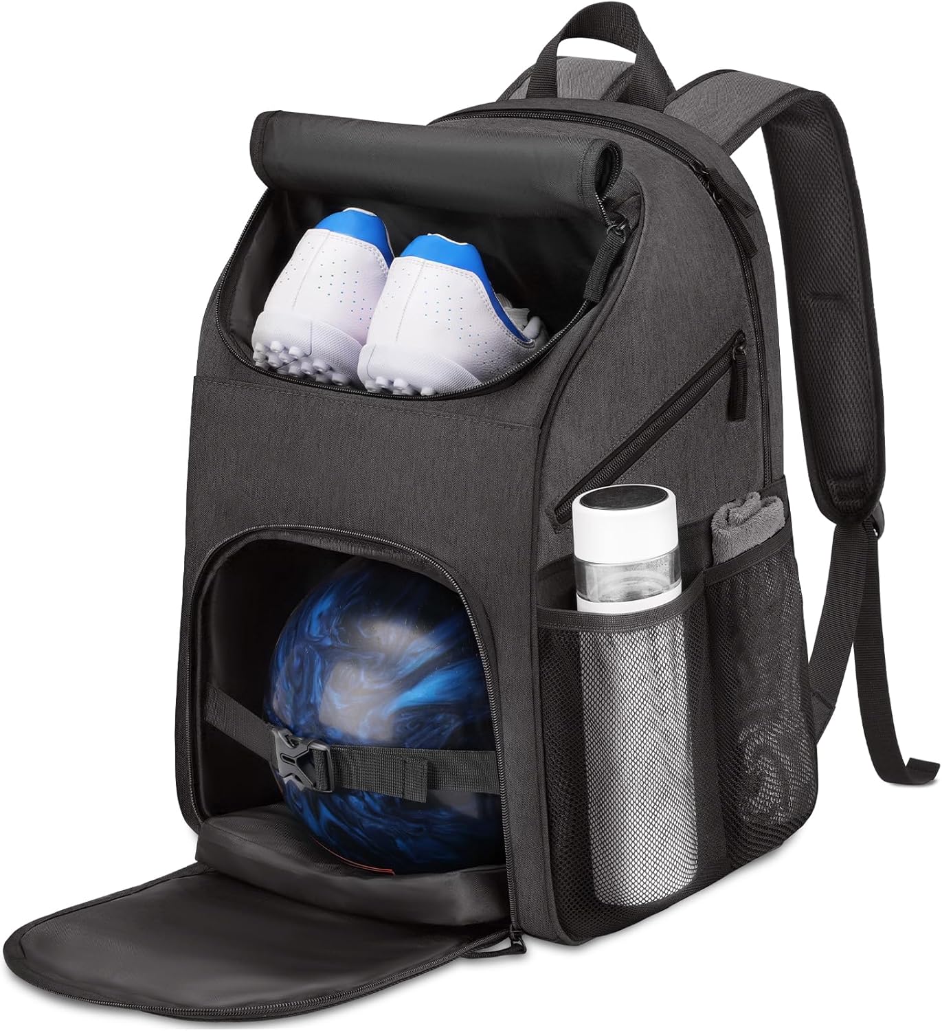 Bosynoy Bowling Backpack, Bowling Ball Bag Totes for Single Ball with Shoe Compartment & Foam Padded, Fits Shoes Up to US Mens Size 16, Grey