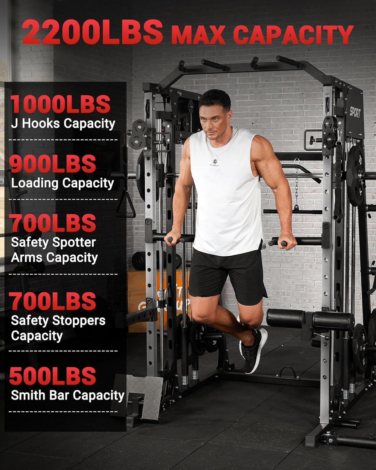 Smith Machine Home Gym All in One, 2200LBS Squat Rack Power Cage with Smith Bar, LAT Pull-Down, Cable Systems, Leg Hold-Down and More Attachments, Workout Equipment (Red Black)