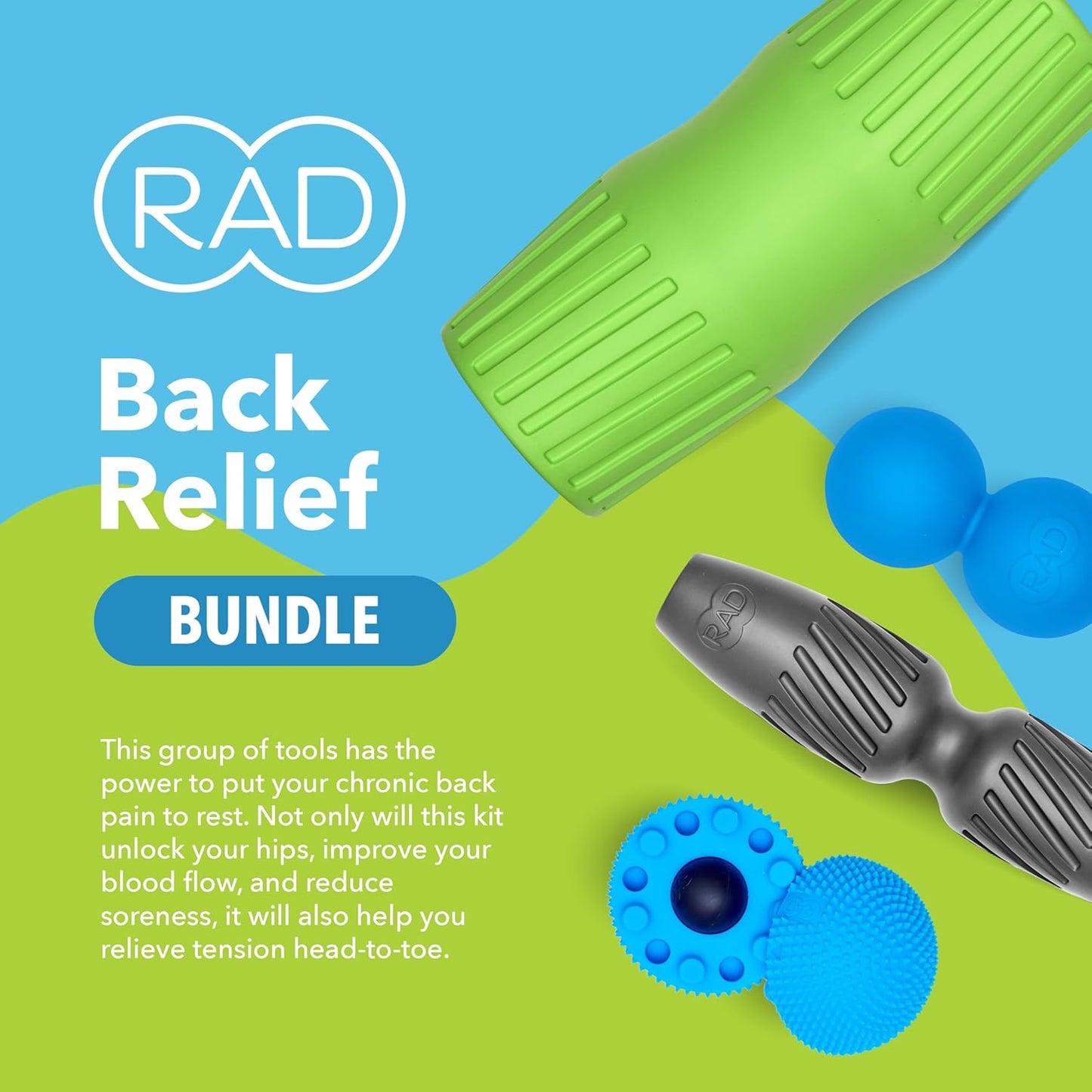 RAD Back Relief Massage Set – Myofascial Release Bundle for Back Pain, Muscle Recovery, and Mobility - Includes Exercise Foam Rollers, XL Peanut Massage Ball, and Neuro Ball Foot Roller