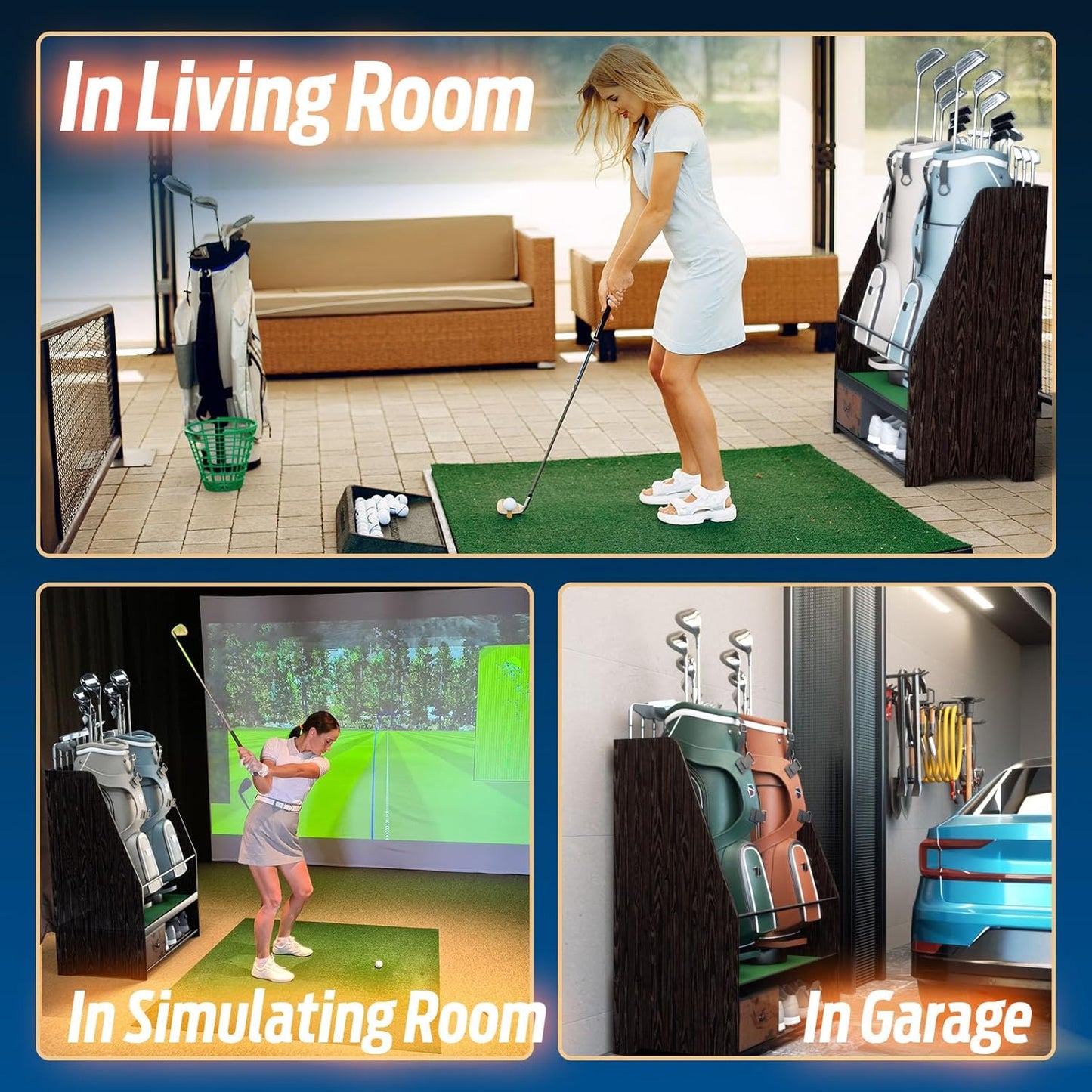 Golf Bag Organizer Storage for 2 Bags with Drawer – Easy Assemble Golf Club Stand Ideal for Garage, Clubs and Basement